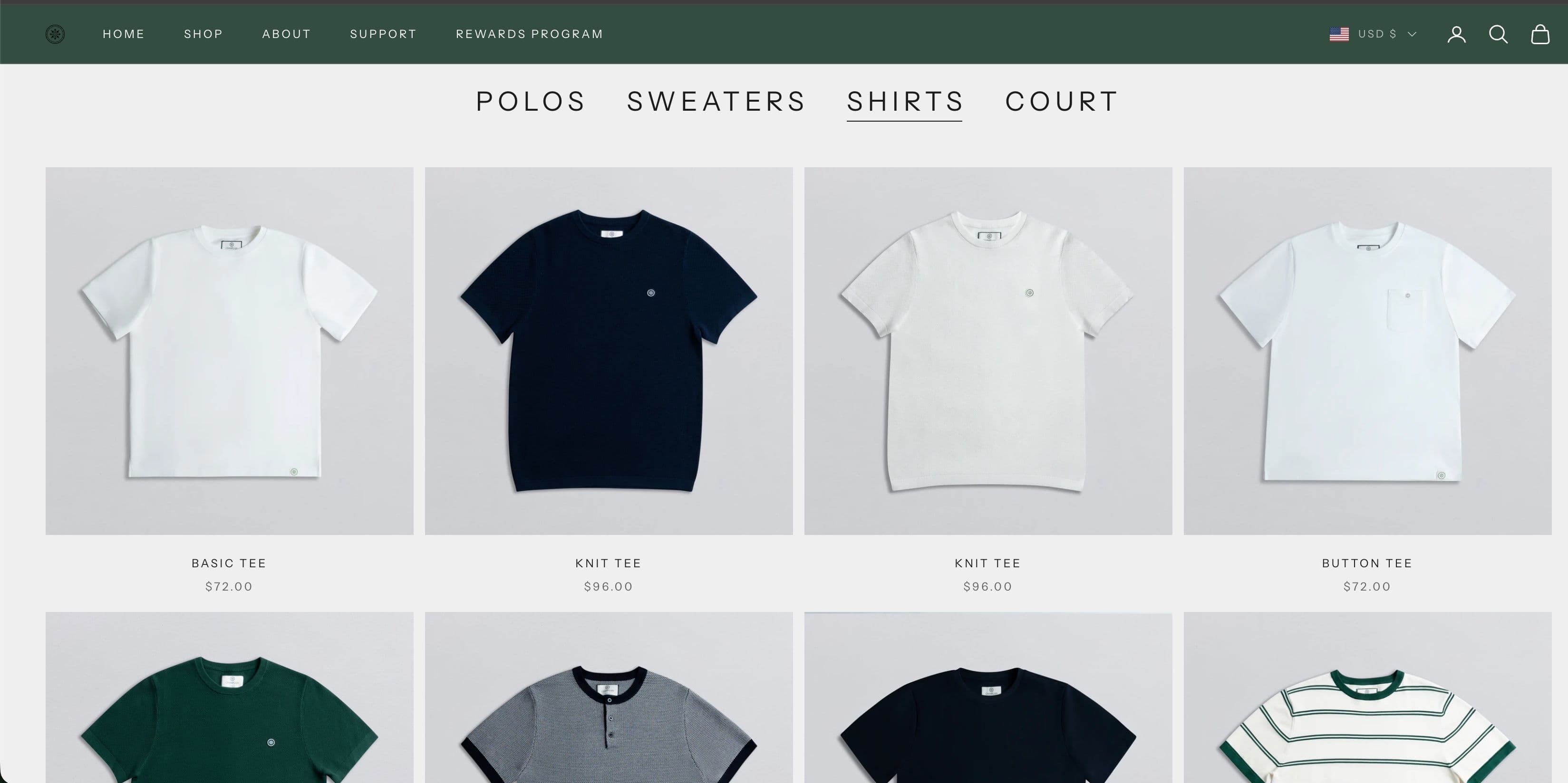 E-commerce apparel storefront showing a coordinated core T-shirt assortment in white, navy, green and striped colorways